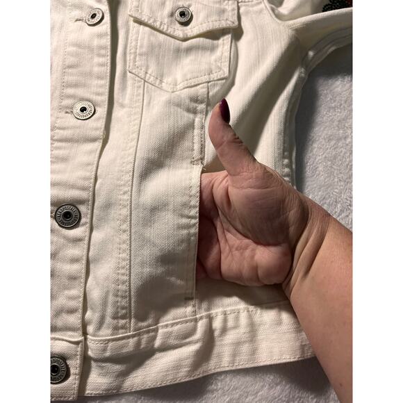 Aeropostale White Denim Jacket Med Rhinestone Strawberry Embellished Y2K Style - Picture 12 of 16